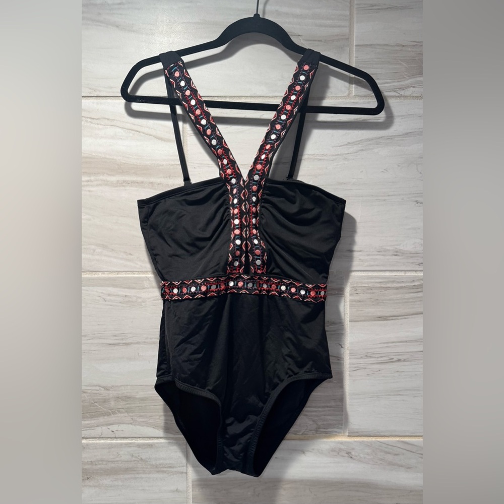 Laundry By Shelli Segal Black With Colorful Embroidery One Piece Swimsuit Small